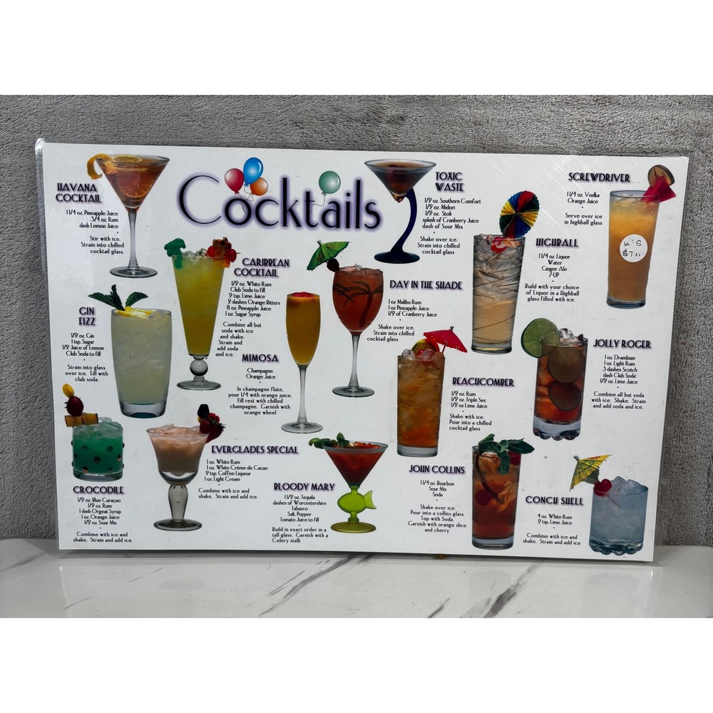 Unbranded Cocktail Recipe Placemat Home Bar Guide Multicolor Excellent Laminated